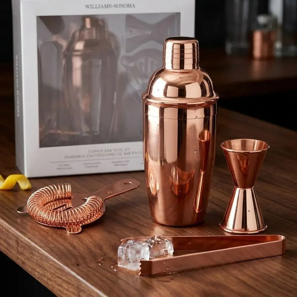 Williams Sonoma Copper Bar Tool Set 4pc Kit Shaker, Jigger, Strainer, Tongs Read